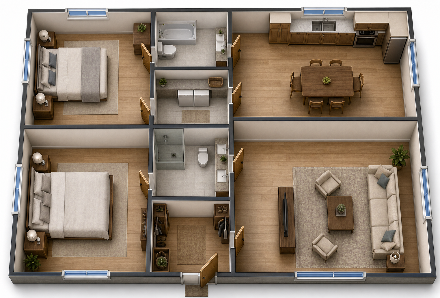 Detailed furnished 3D top-view generated from an independently authored fictional floor plan